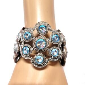 Blue Rivoli Crystal Stretch Silvertone Statement Bracelet Victorian Goth Fairy